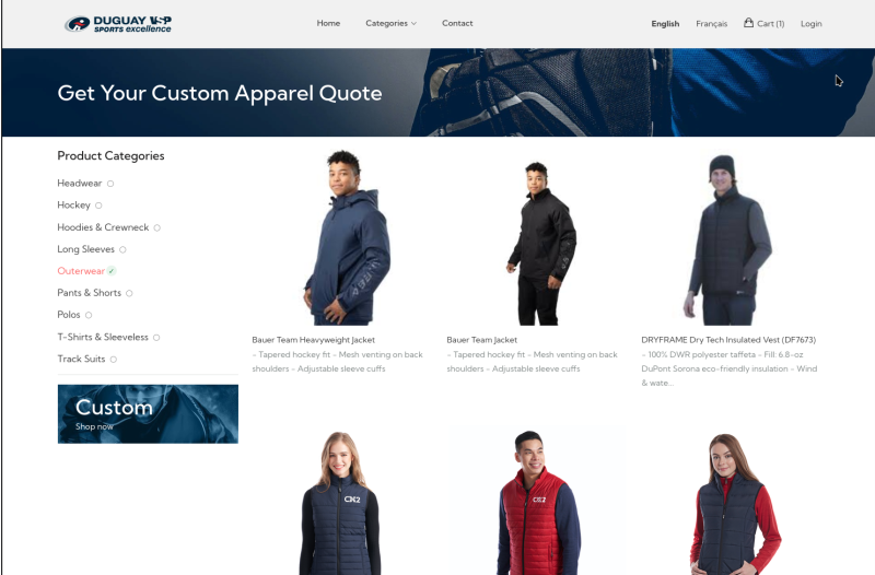 Product catalog screenshot; Products | Colours | Sizes | Variants
