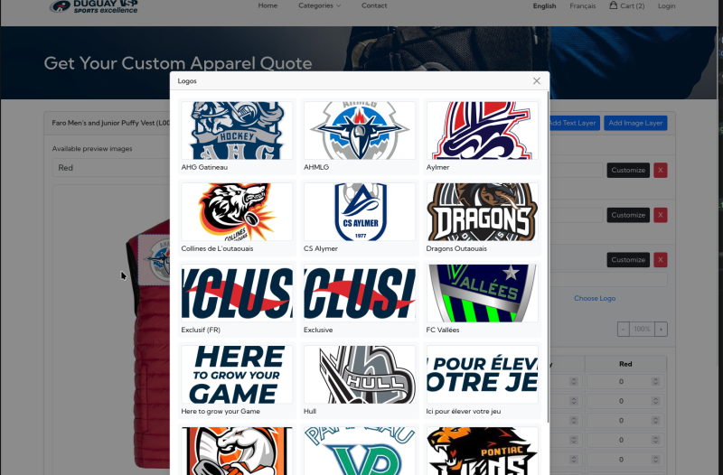Localized customer experience screenshot; School / Team logos | English / French