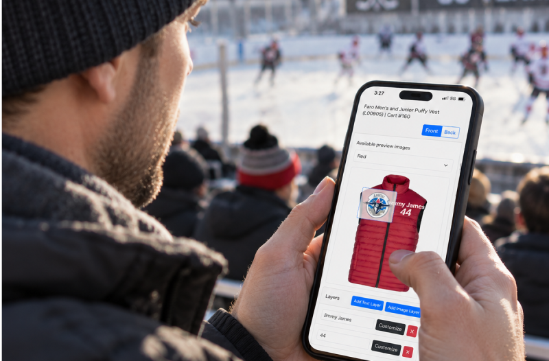 Mobile Lifestyle / Product Screenshot; Designer running on a phone in a store, gym or rink.